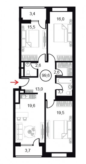Трёхкомнатный апартамент 99.6 м²
