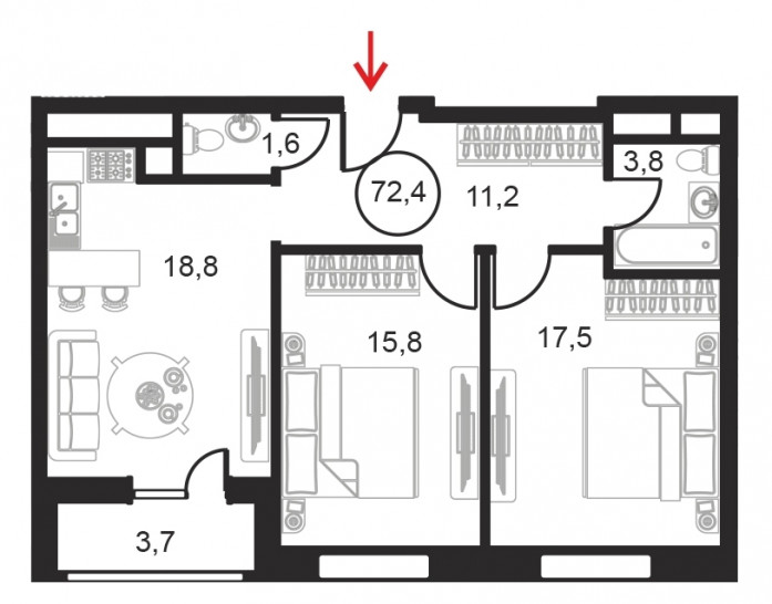 Двухкомнатный апартамент 72.4 м²