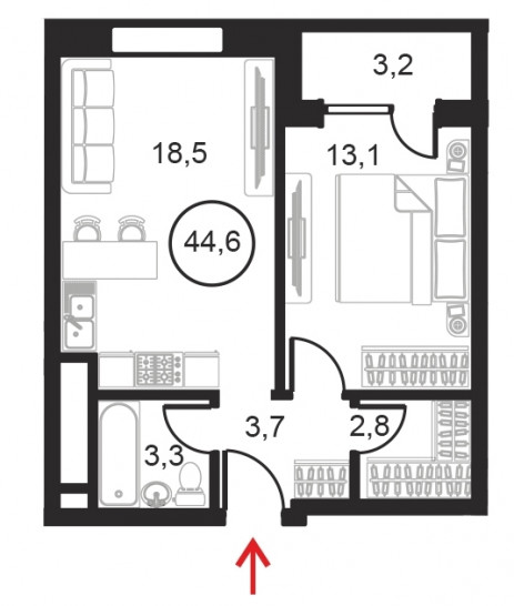 Однокомнатный апартамент 44.6 м²