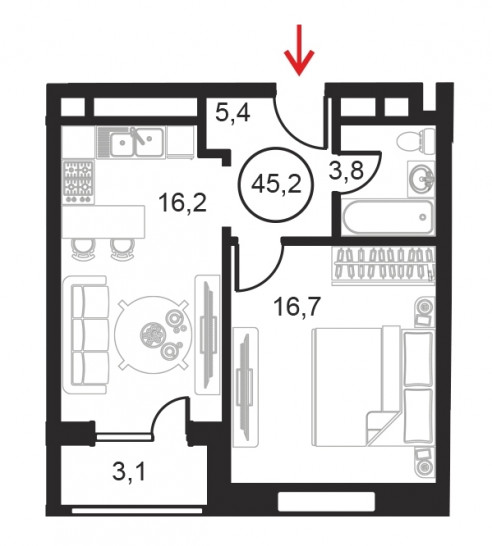 Однокомнатный апартамент 45.2 м²