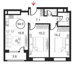 Двухкомнатный апартамент 64.5 м²
