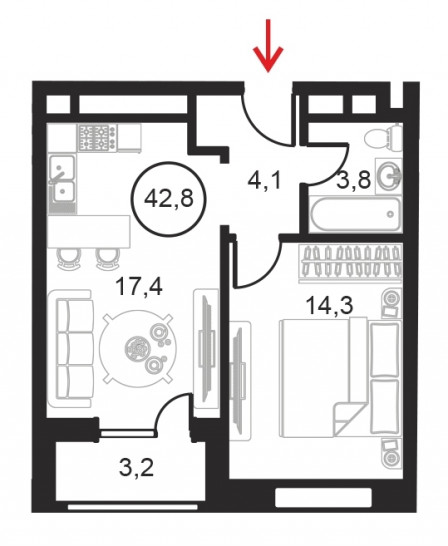 Однокомнатный апартамент 42.8 м²
