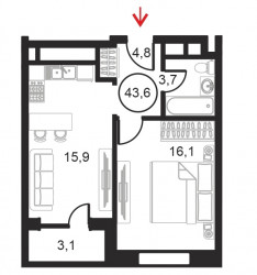 Однокомнатный апартамент 43.6 м²