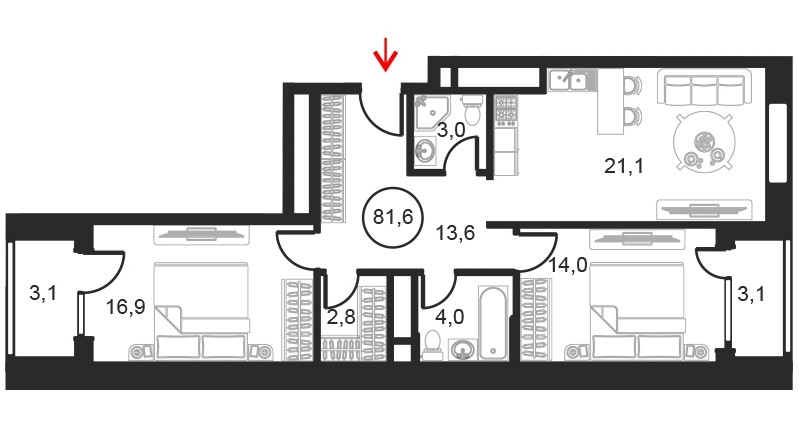 Двухкомнатный апартамент 81.6 м²