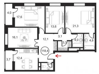 Четырёхкомнатный апартамент 118 м²