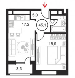 Однокомнатный апартамент 45.1 м²