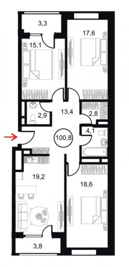 Трёхкомнатный апартамент 100.8 м²