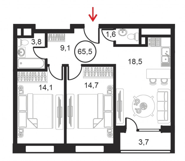 Двухкомнатный апартамент 65.5 м²