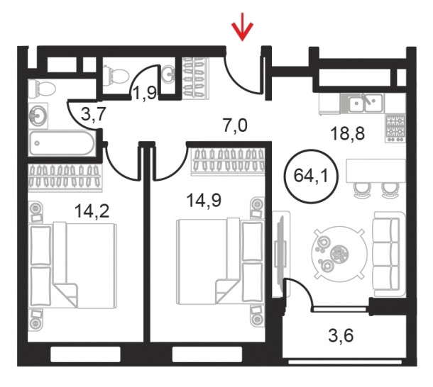 Двухкомнатный апартамент 64.1 м²