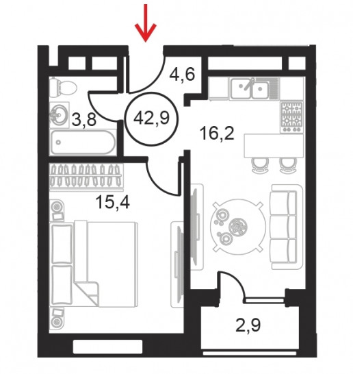 Однокомнатный апартамент 42.9 м²