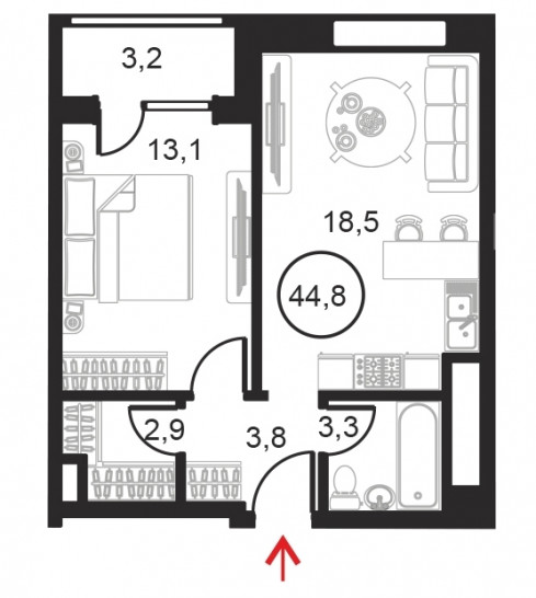 Однокомнатный апартамент 44.8 м²