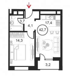 Однокомнатный апартамент 42.7 м²