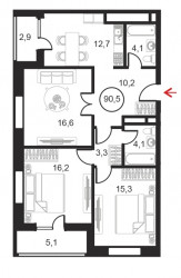 Трёхкомнатный апартамент 90.5 м²
