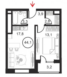 Однокомнатный апартамент 44.1 м²