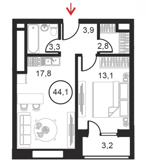 Однокомнатный апартамент 44.1 м²