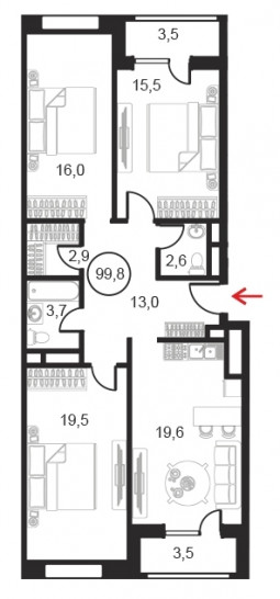 Трёхкомнатный апартамент 99.8 м²