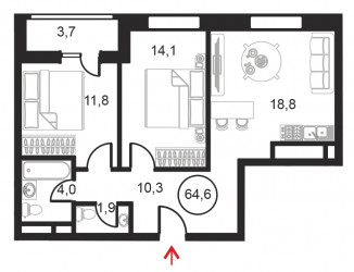 Двухкомнатный апартамент 64.6 м²