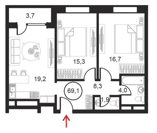 Двухкомнатный апартамент 69.1 м²