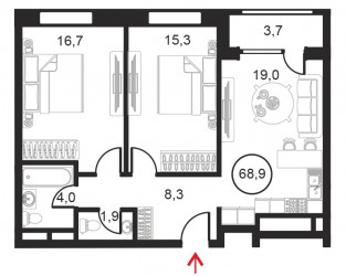 Двухкомнатный апартамент 68.9 м²