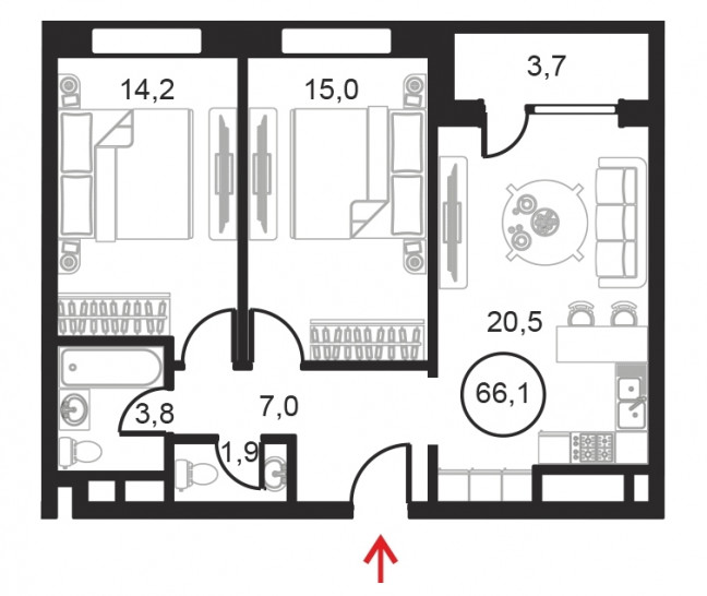 Двухкомнатный апартамент 66.1 м²